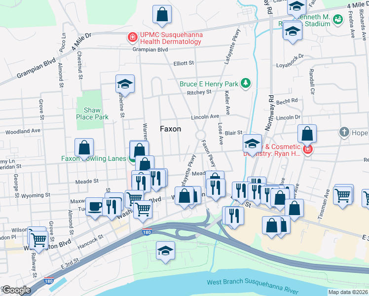 map of restaurants, bars, coffee shops, grocery stores, and more near 1301-1333 Lafayette Parkway in Williamsport