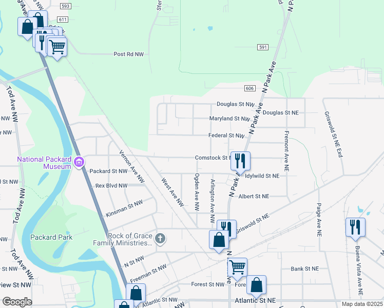 map of restaurants, bars, coffee shops, grocery stores, and more near 382 Comstock Street Northwest in Warren