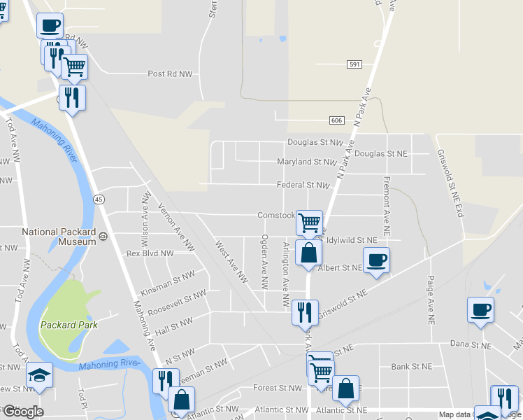 map of restaurants, bars, coffee shops, grocery stores, and more near 370 Comstock Street Northwest in Warren