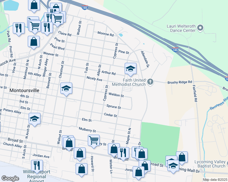 map of restaurants, bars, coffee shops, grocery stores, and more near 1201-1299 Weldon St in Montoursville