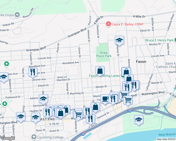 map of restaurants, bars, coffee shops, grocery stores, and more near 1290 Grove Street in Williamsport