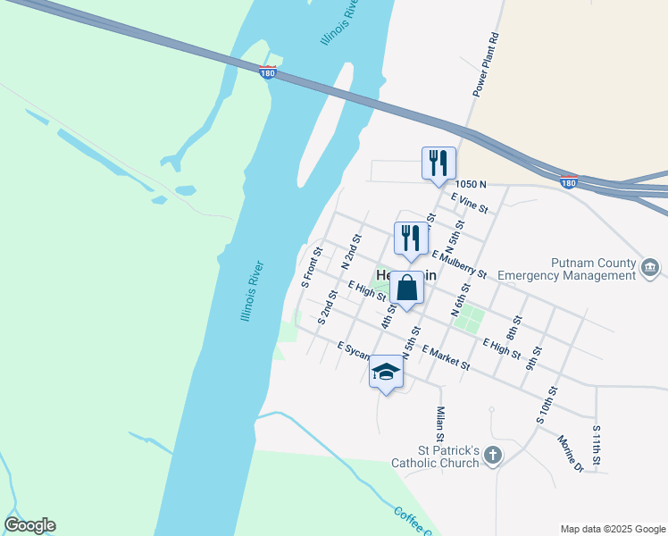 map of restaurants, bars, coffee shops, grocery stores, and more near 119 South 2nd Street in Hennepin