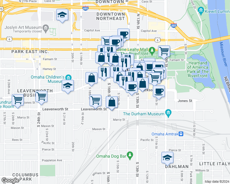 map of restaurants, bars, coffee shops, grocery stores, and more near in Omaha