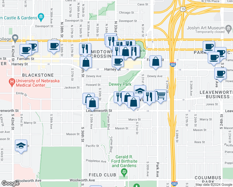 map of restaurants, bars, coffee shops, grocery stores, and more near 568 South 33rd Street in Omaha