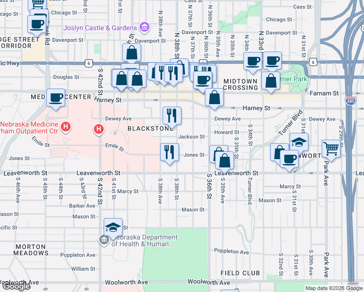map of restaurants, bars, coffee shops, grocery stores, and more near 3727 Jackson Street in Omaha