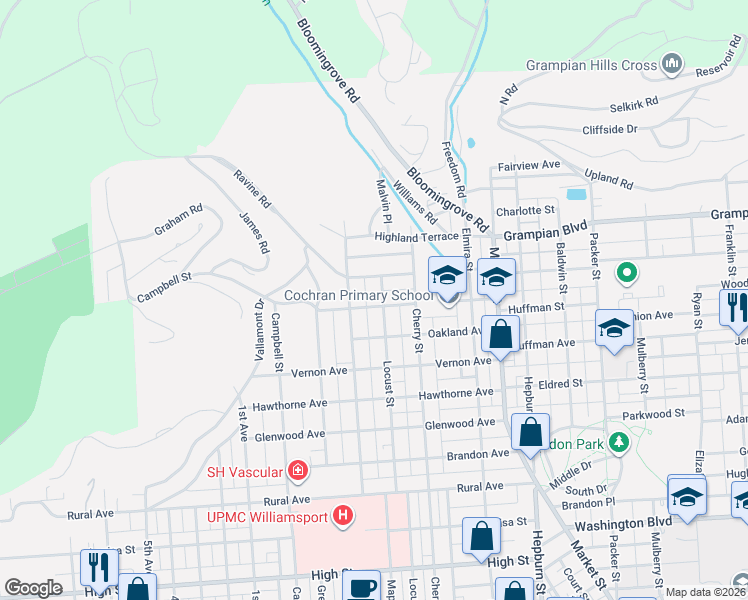map of restaurants, bars, coffee shops, grocery stores, and more near 651-699 Vallamont Dr in Williamsport