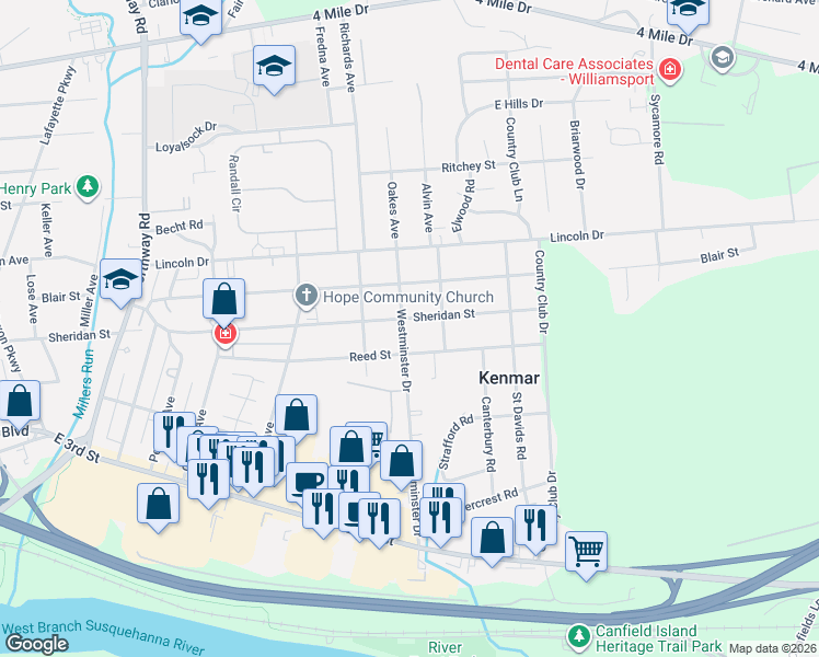 map of restaurants, bars, coffee shops, grocery stores, and more near 2300-2398 Sheridan Street in Williamsport