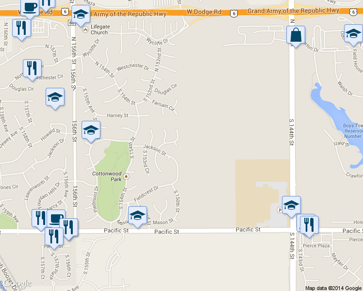 map of restaurants, bars, coffee shops, grocery stores, and more near 511 South 150th Circle in Omaha