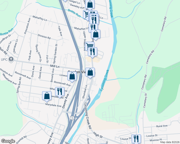map of restaurants, bars, coffee shops, grocery stores, and more near 1821 Shumbat Street in Williamsport