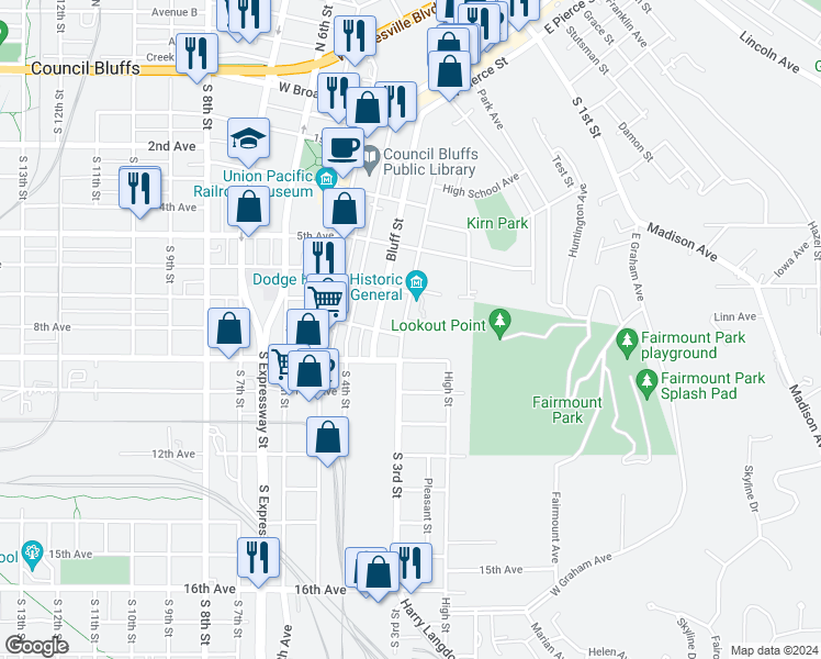 map of restaurants, bars, coffee shops, grocery stores, and more near 237 Fairview Avenue in Council Bluffs