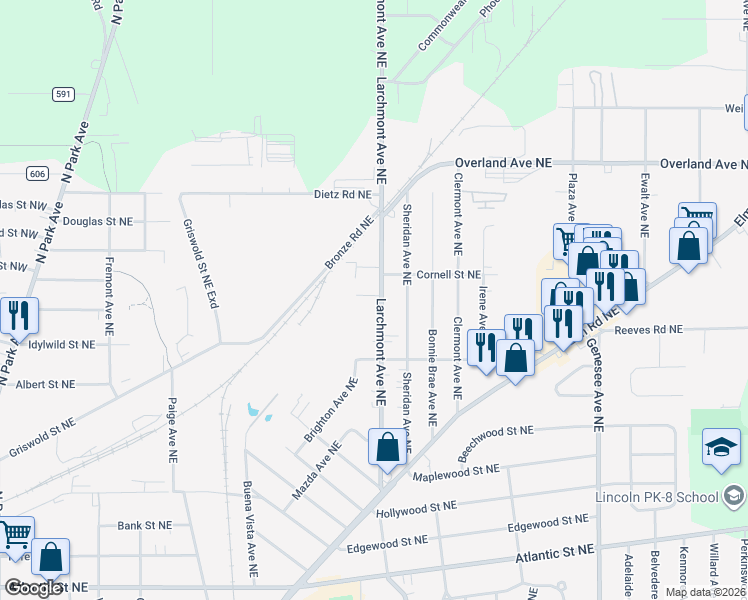 map of restaurants, bars, coffee shops, grocery stores, and more near 1863 Larchmont Avenue Northeast in Warren