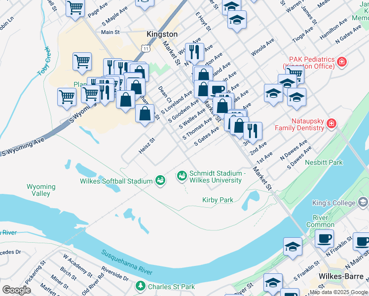 map of restaurants, bars, coffee shops, grocery stores, and more near 367 Northampton Street in Kingston