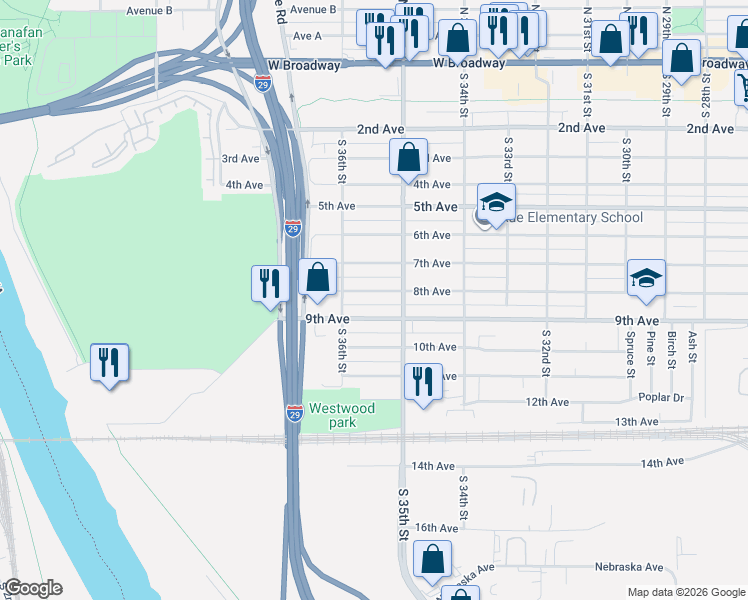 map of restaurants, bars, coffee shops, grocery stores, and more near 3529 8th Avenue in Council Bluffs