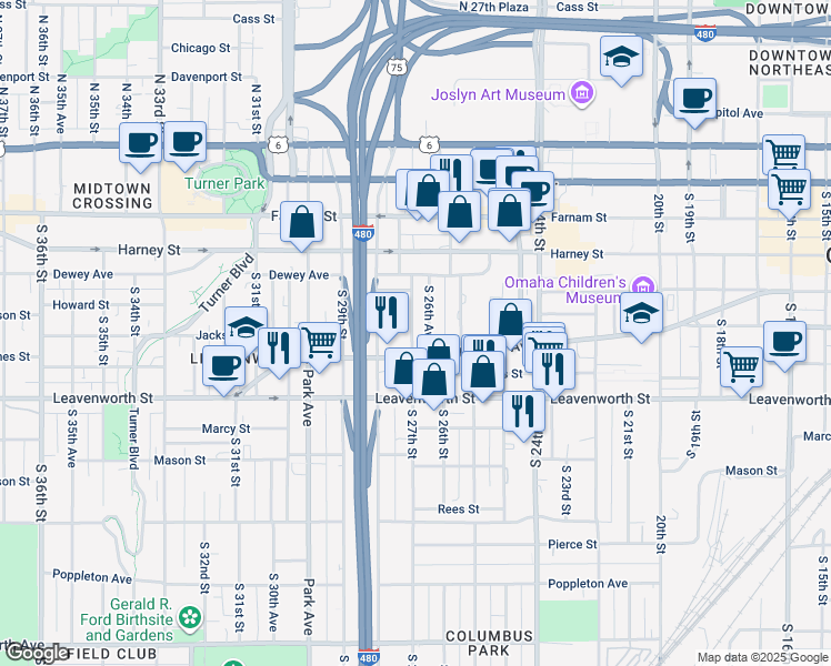 map of restaurants, bars, coffee shops, grocery stores, and more near 547 South 27th Street in Omaha