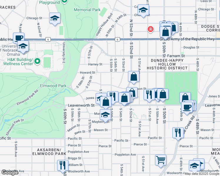 map of restaurants, bars, coffee shops, grocery stores, and more near 5511 Jackson Street in Omaha