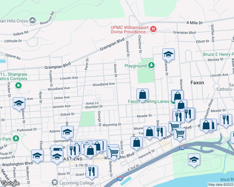 map of restaurants, bars, coffee shops, grocery stores, and more near 1307 Grove Street in Williamsport
