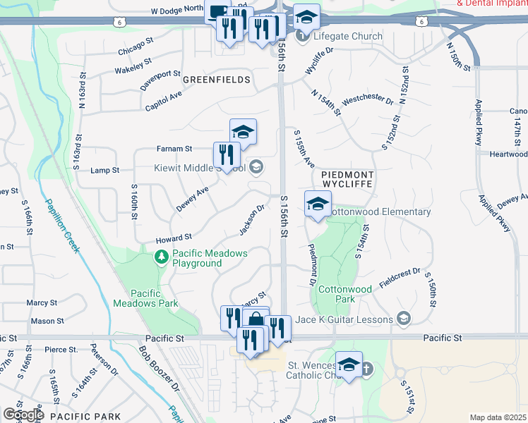 map of restaurants, bars, coffee shops, grocery stores, and more near 604 South 156th Avenue Circle in Omaha