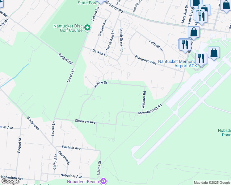 map of restaurants, bars, coffee shops, grocery stores, and more near 41 Skyline Drive in Nantucket