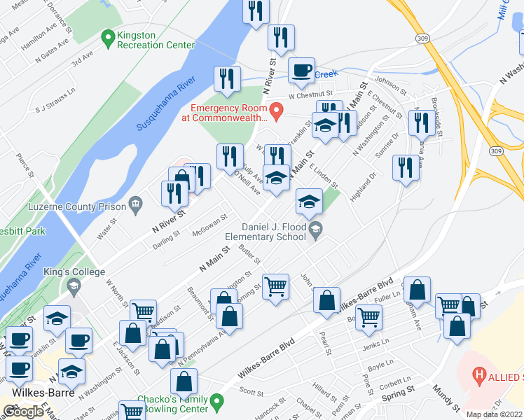 map of restaurants, bars, coffee shops, grocery stores, and more near 2 East Hollenback Avenue in Wilkes-Barre