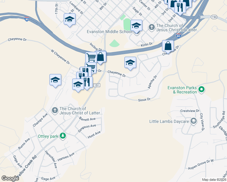 map of restaurants, bars, coffee shops, grocery stores, and more near 412 Sioux Drive in Evanston