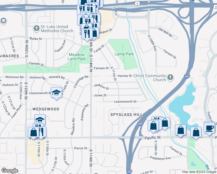map of restaurants, bars, coffee shops, grocery stores, and more near 11214 Jackson Street in Omaha