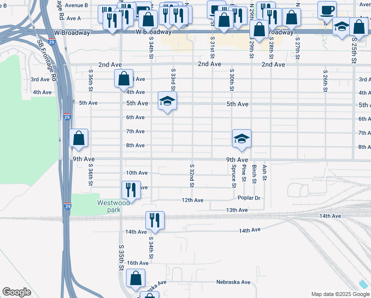 map of restaurants, bars, coffee shops, grocery stores, and more near 3205 8th Avenue in Council Bluffs