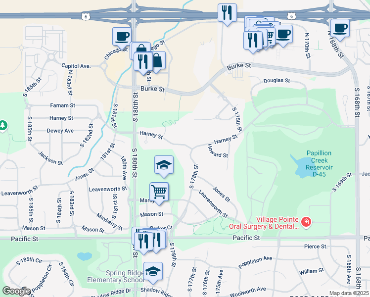 map of restaurants, bars, coffee shops, grocery stores, and more near 17811 Harney Street in Omaha