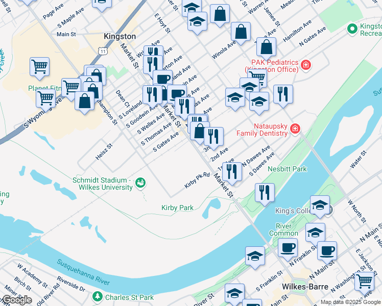 map of restaurants, bars, coffee shops, grocery stores, and more near 310 Market Street in Kingston