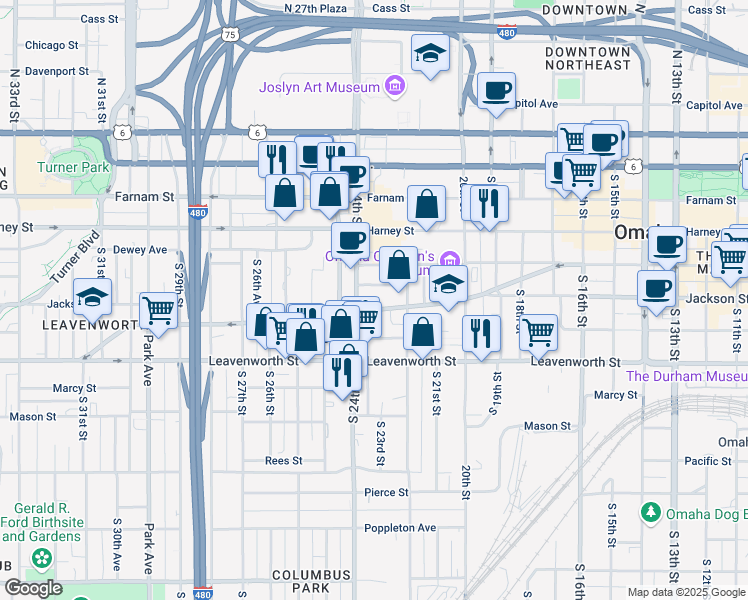 map of restaurants, bars, coffee shops, grocery stores, and more near 2236 Saint Marys Avenue in Omaha