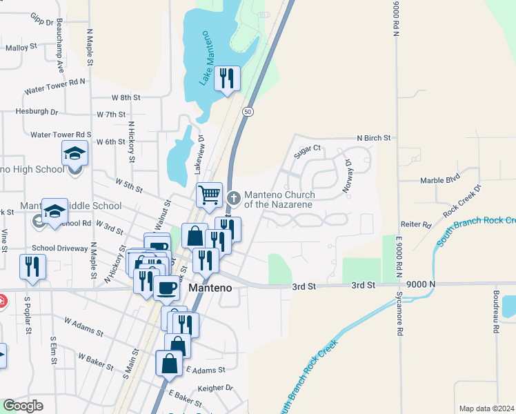 map of restaurants, bars, coffee shops, grocery stores, and more near 585 N Birch St in Manteno