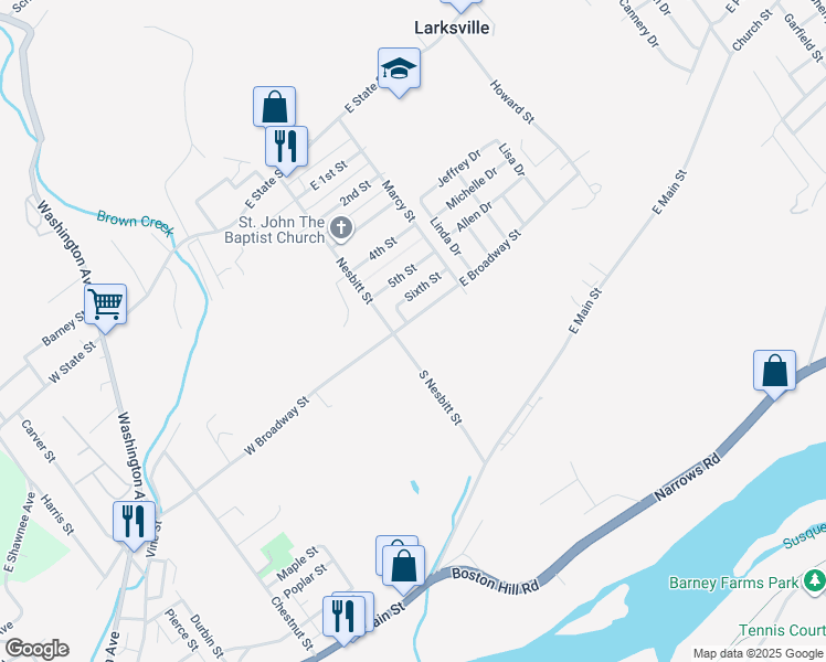 map of restaurants, bars, coffee shops, grocery stores, and more near 24 East Broadway Street in Larksville