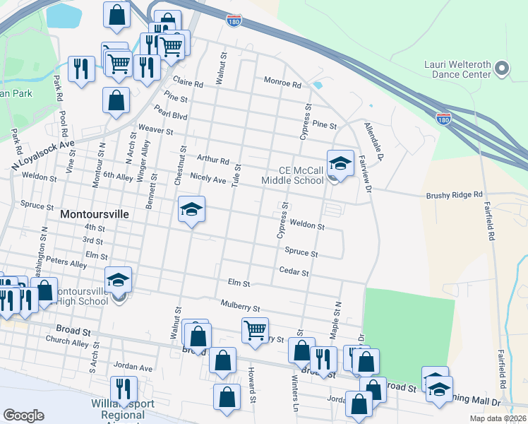 map of restaurants, bars, coffee shops, grocery stores, and more near 501-599 Cypress Street in Montoursville