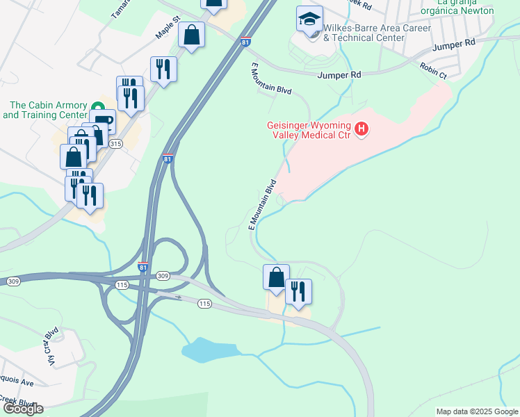 map of restaurants, bars, coffee shops, grocery stores, and more near 1000 East Mountain Boulevard in Wilkes-Barre