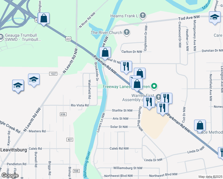 map of restaurants, bars, coffee shops, grocery stores, and more near 2042 Lovers Lane Northwest in Warren