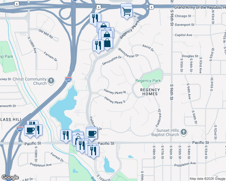 map of restaurants, bars, coffee shops, grocery stores, and more near 9936 Harney Parkway North in Omaha