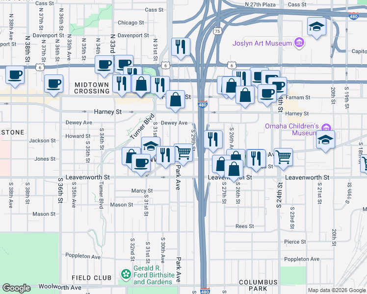 map of restaurants, bars, coffee shops, grocery stores, and more near 542 South 29th Street in Omaha