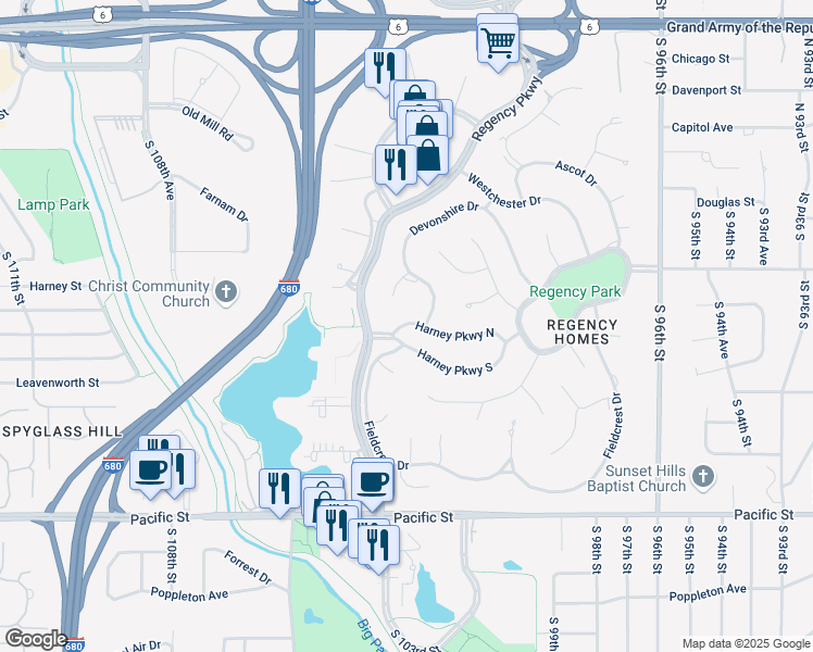map of restaurants, bars, coffee shops, grocery stores, and more near 9948 Harney Parkway North in Omaha