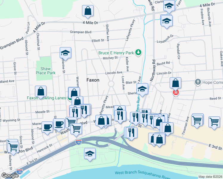 map of restaurants, bars, coffee shops, grocery stores, and more near 1300-1328 Faxon Pkwy in Williamsport