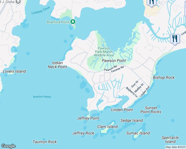 map of restaurants, bars, coffee shops, grocery stores, and more near 11 Sagamore Cove Road in Branford