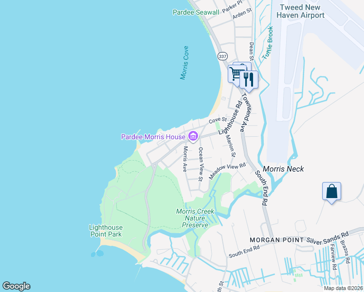 map of restaurants, bars, coffee shops, grocery stores, and more near 307 Lighthouse Road in New Haven