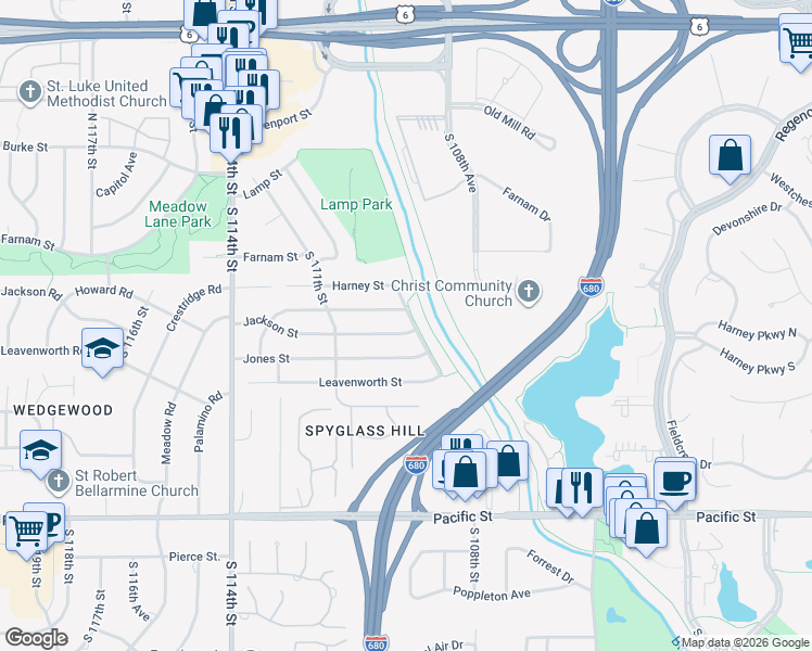 map of restaurants, bars, coffee shops, grocery stores, and more near 10906 Jackson Street in Omaha
