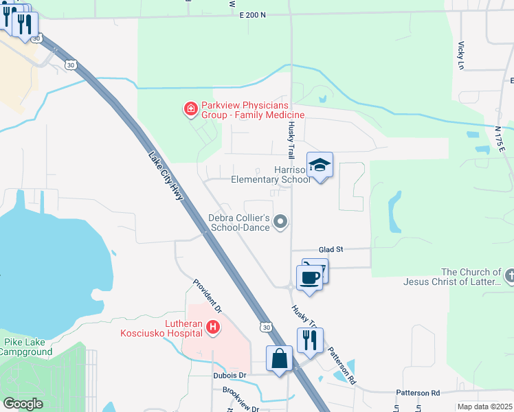 map of restaurants, bars, coffee shops, grocery stores, and more near 2180 North Pointe Drive in Warsaw