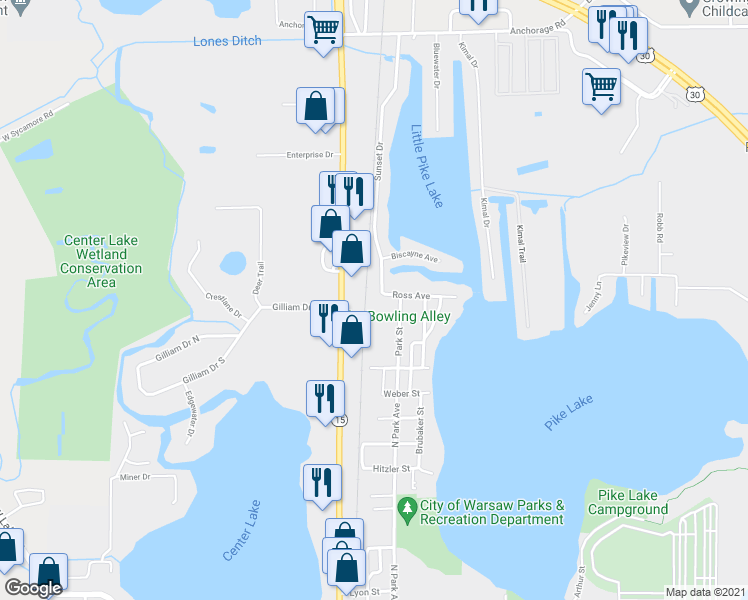 map of restaurants, bars, coffee shops, grocery stores, and more near 500 Ross Avenue in Warsaw