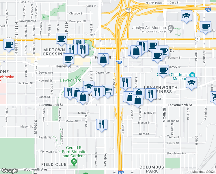map of restaurants, bars, coffee shops, grocery stores, and more near 542 South 29th Street in Omaha