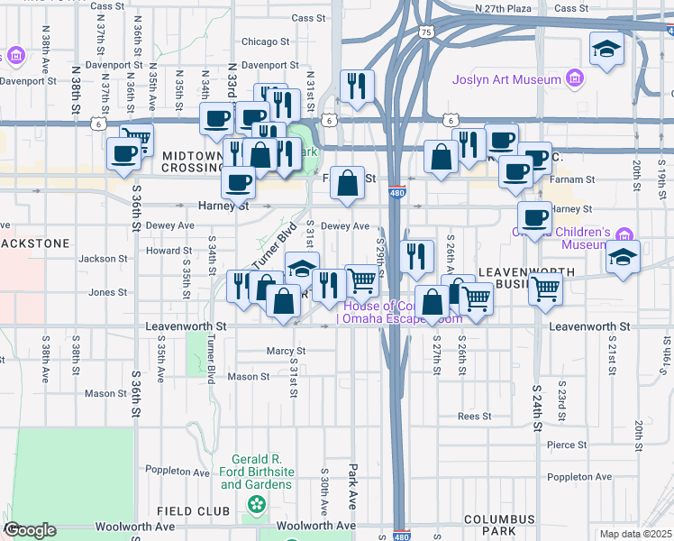 map of restaurants, bars, coffee shops, grocery stores, and more near 28 South 30th Street in Omaha