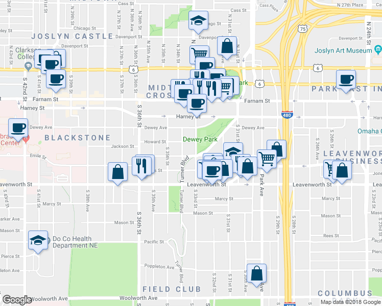 map of restaurants, bars, coffee shops, grocery stores, and more near 569 South 34th Street in Omaha