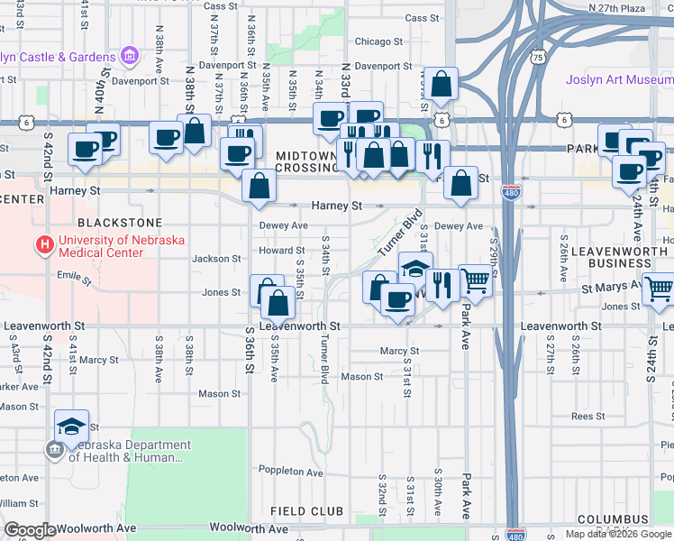 map of restaurants, bars, coffee shops, grocery stores, and more near 569 South 34th Street in Omaha