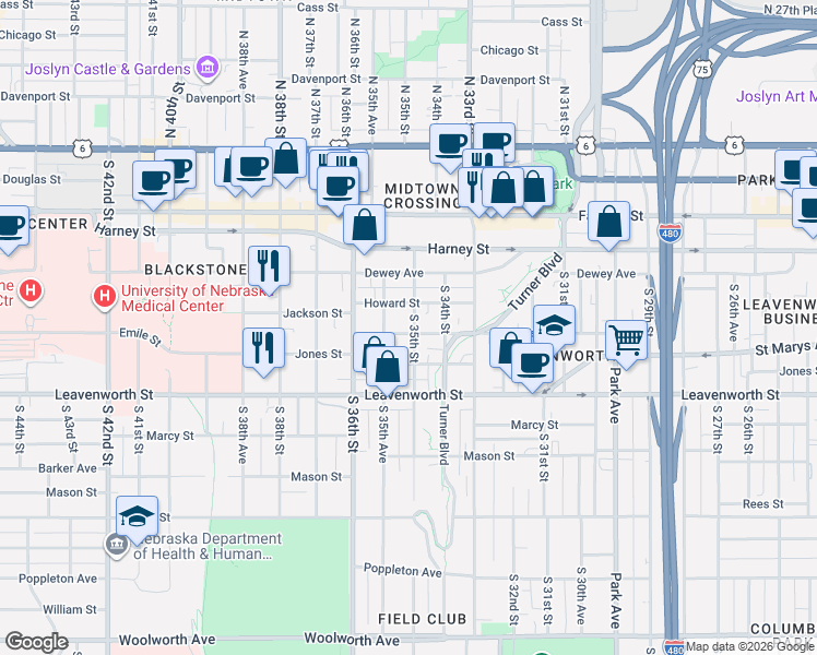 map of restaurants, bars, coffee shops, grocery stores, and more near 564 South 35th Street in Omaha