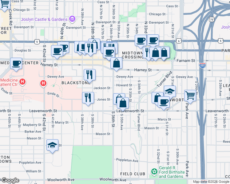 map of restaurants, bars, coffee shops, grocery stores, and more near 3560 Jackson Street in Omaha