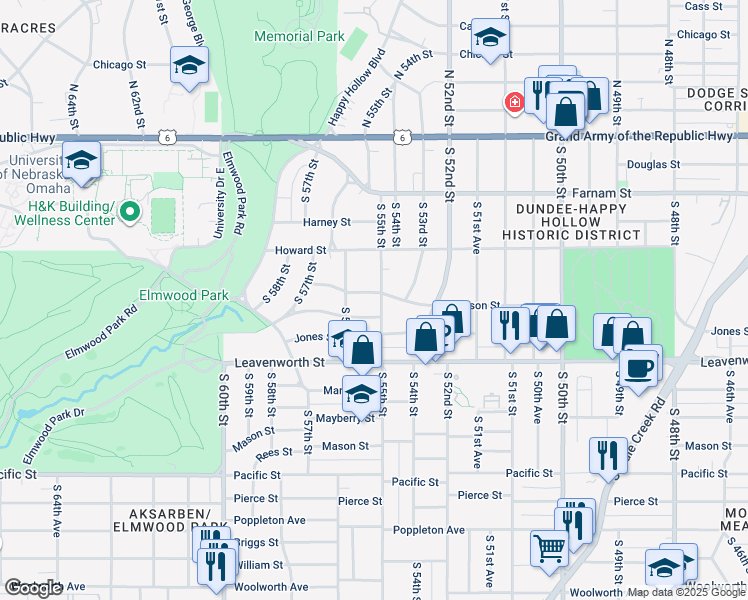 map of restaurants, bars, coffee shops, grocery stores, and more near 5511 Jackson Street in Omaha